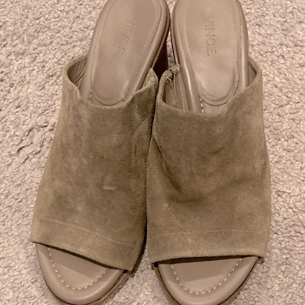 Vince. Tilda Suede Wood Wedge Mules Sandals Slides